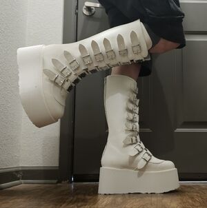 Demonia Damned-318 White Vegan Leather Buckle Platform Boots